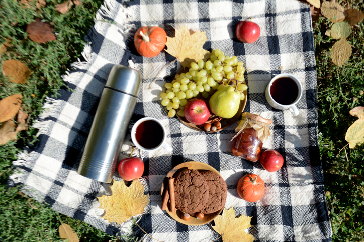 Autumn picnic in the park with fruit, cookies, jam and tea Picnic blanket. Autumn holiday. Top view