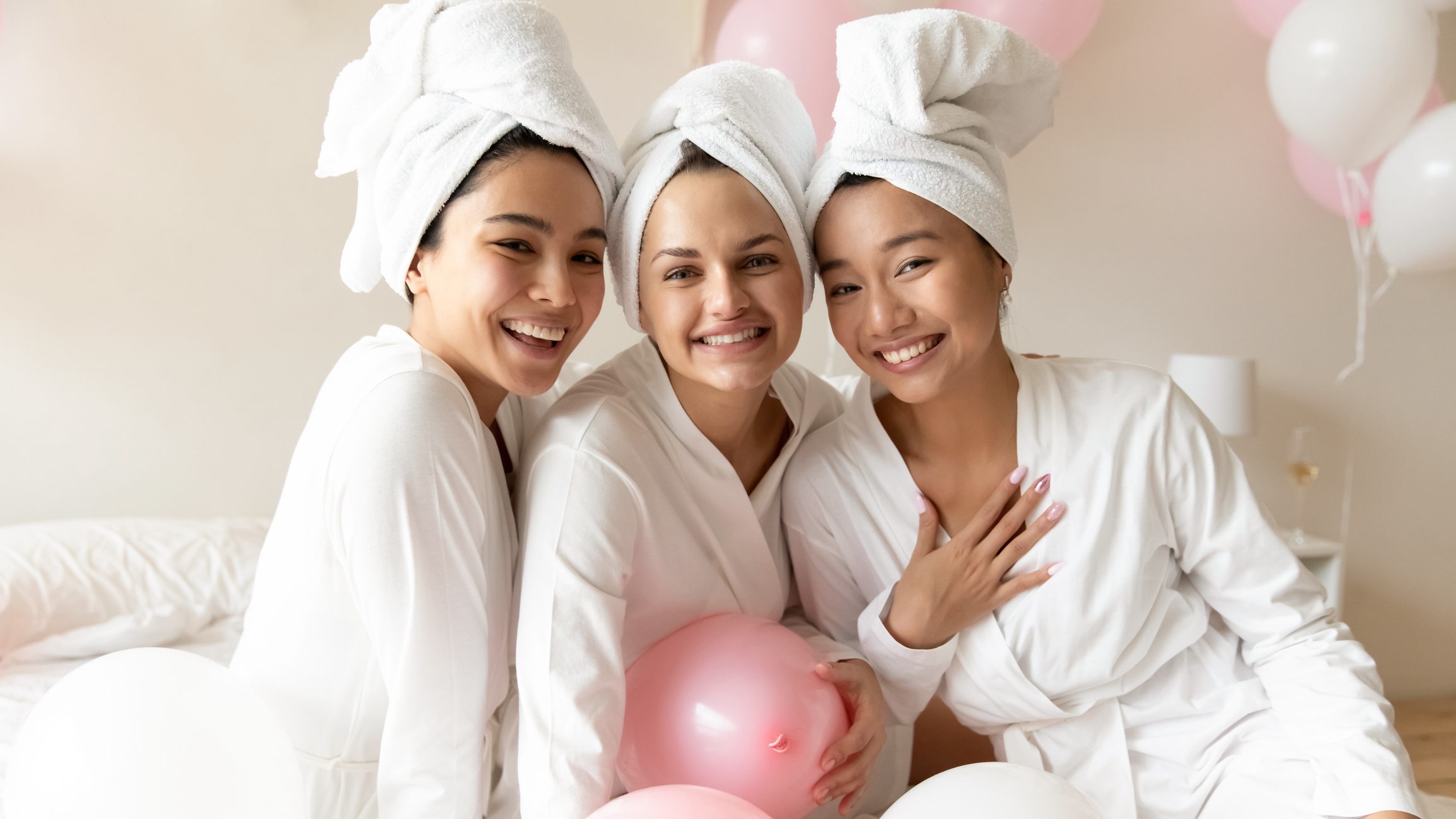 Head shot portrait happy diverse women celebrating in spa